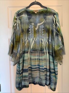 ONE WORLD Green and Blue Striped Boho Tunic with Lace Trim